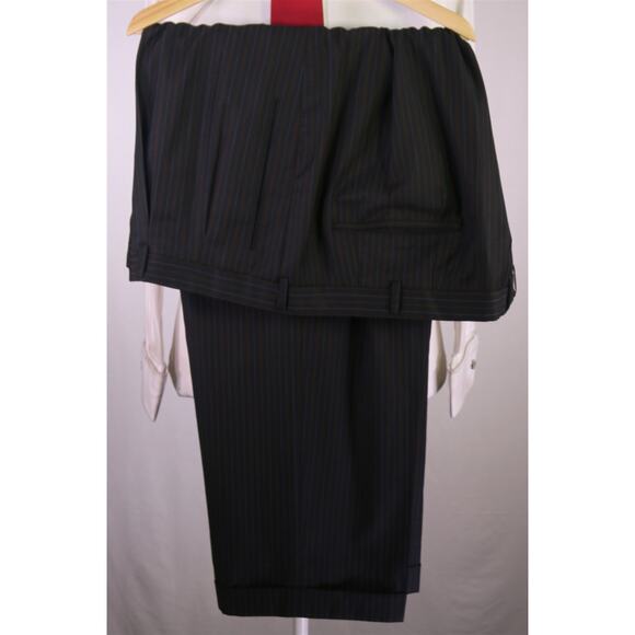 Custom Tailored Black Brown Striped Peak Lapel 2Btn 170s Wool Suit Big 54L 56L - Picture 11 of 11